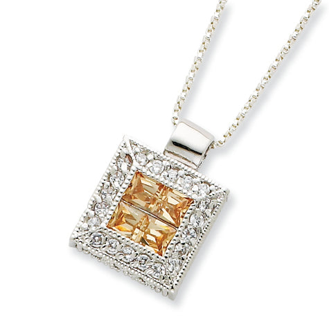 Sterling Silver Champagne and Clear CZ Square Necklace