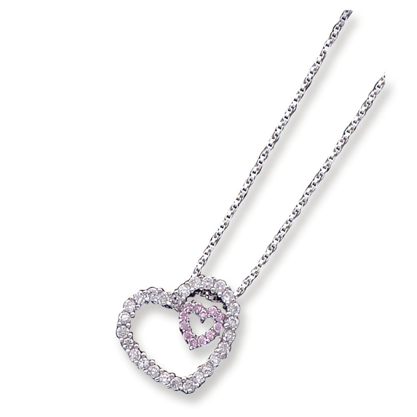 Sterling Silver Pink and Clear CZ Double Heart Necklace