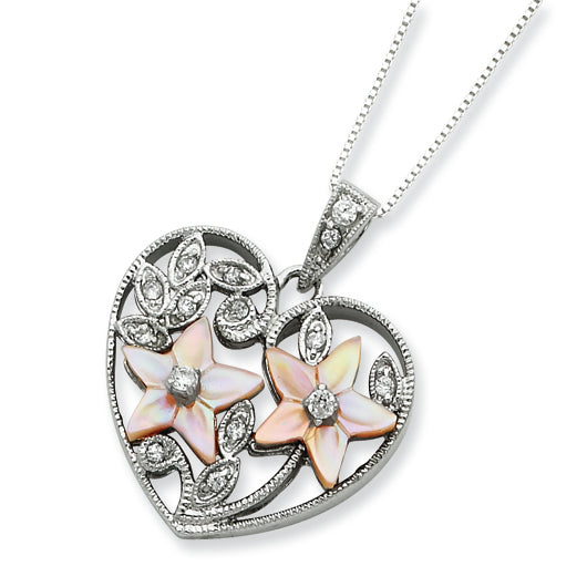 Sterling Silver Pink Shell Flowers & CZ Heart Necklace