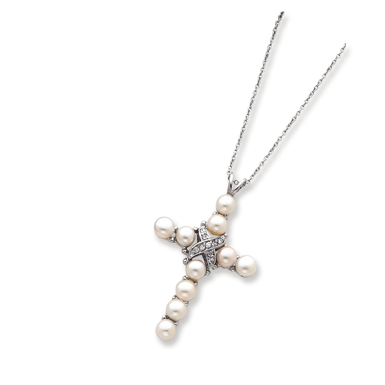 Sterling Silver CZ and Freshwater Pearl Cross Necklace 16 Inches