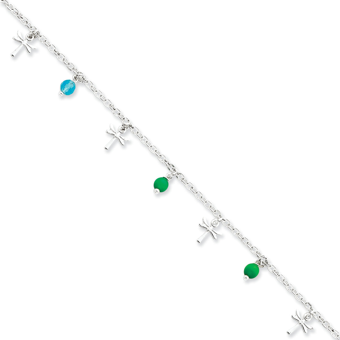 Sterling Silver Polished Dragonflies w/Aqua & Green Beads Anklet 10 Inches