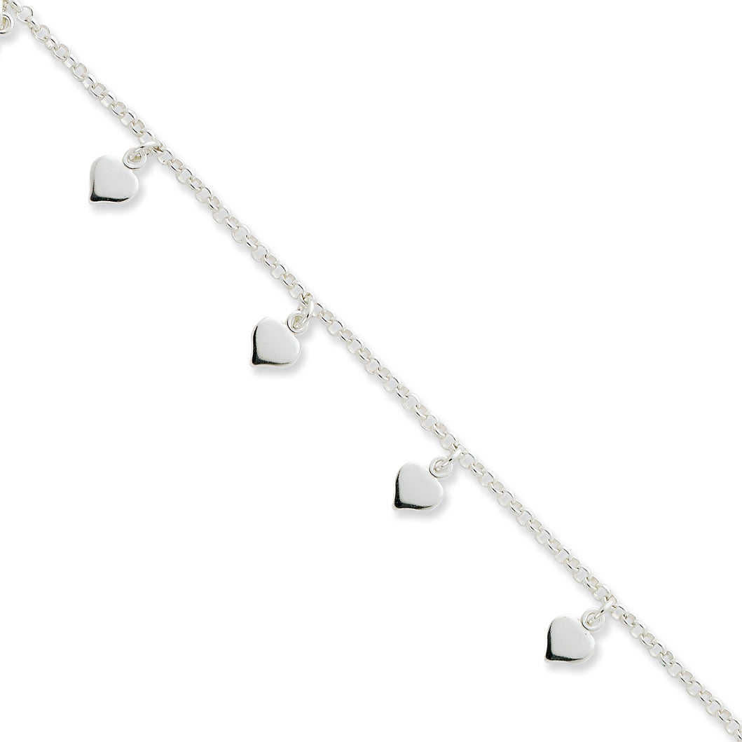 Sterling Silver Polished Hearts Anklet 10 Inches