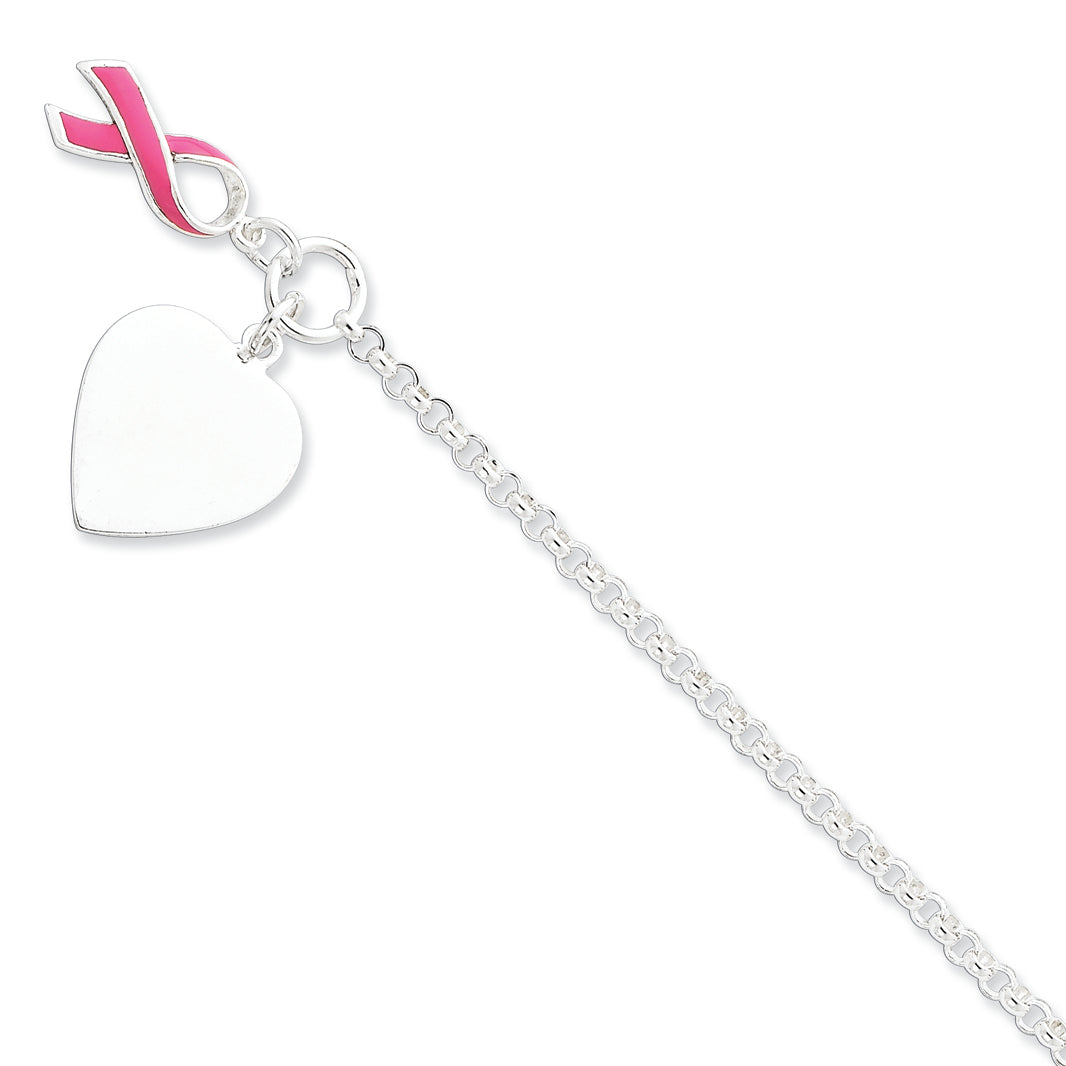 Sterling Silver Fancy Heart with Pink Ribbon Bracelet 7.5 Inches
