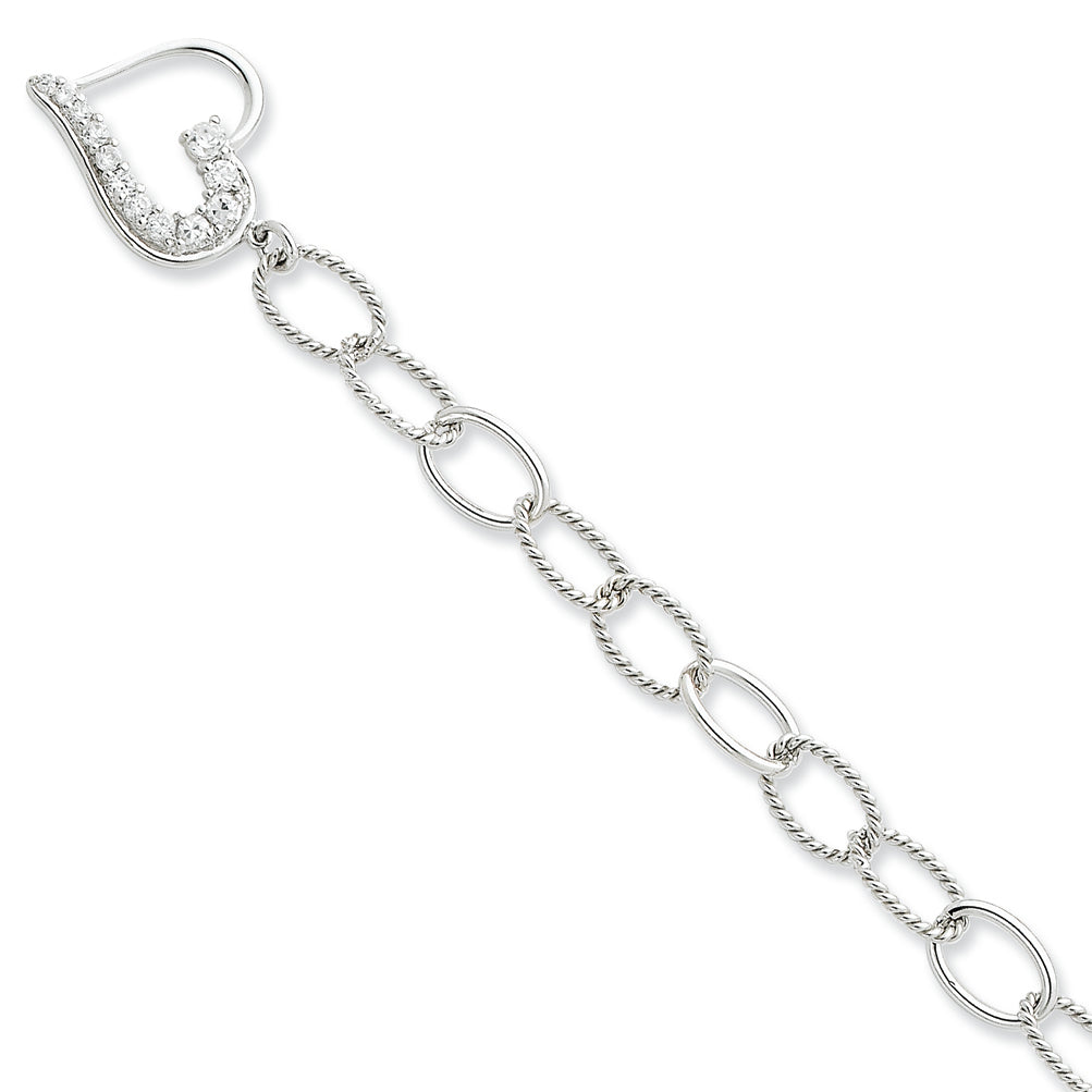 Sterling Silver Journey Heart CZ Dangle Bracelet 7.5 Inches