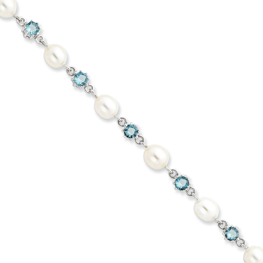 Sterling Silver Blue CZ Freshwater Pearl Bracelet 7 Inches