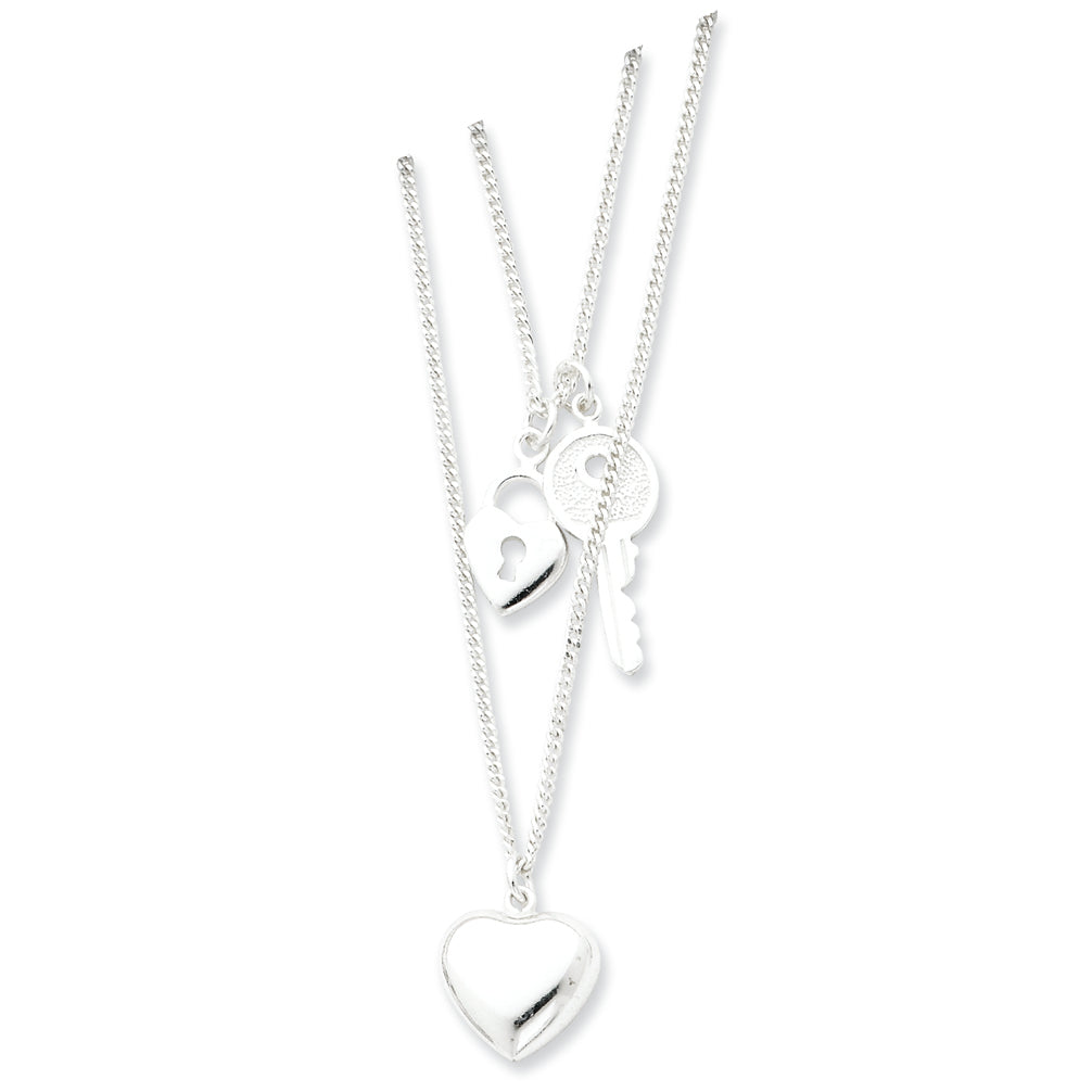 Sterling Silver Double Heart & Key Necklace 18 Inches