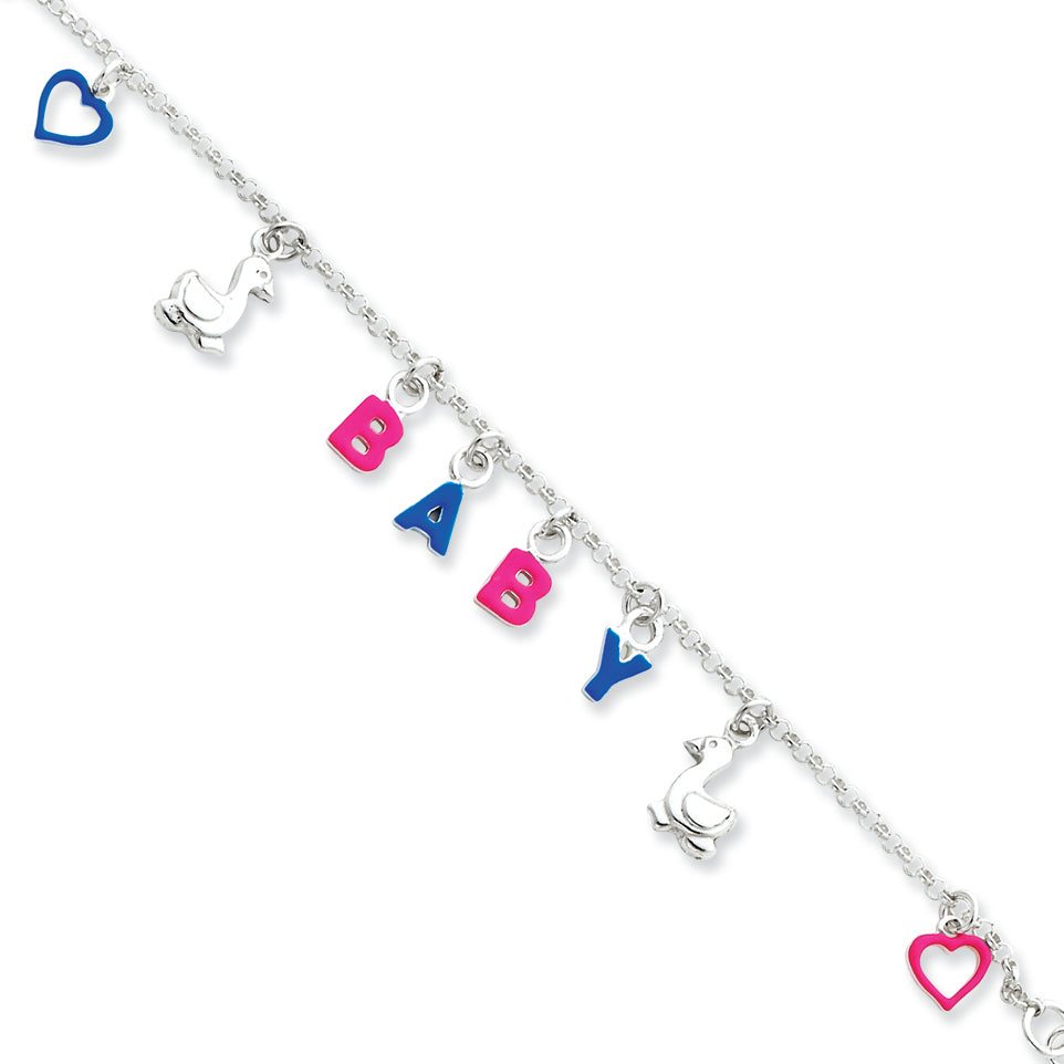 Sterling Silver Adjustable Enameled Baby Charm Bracelet 6 Inches