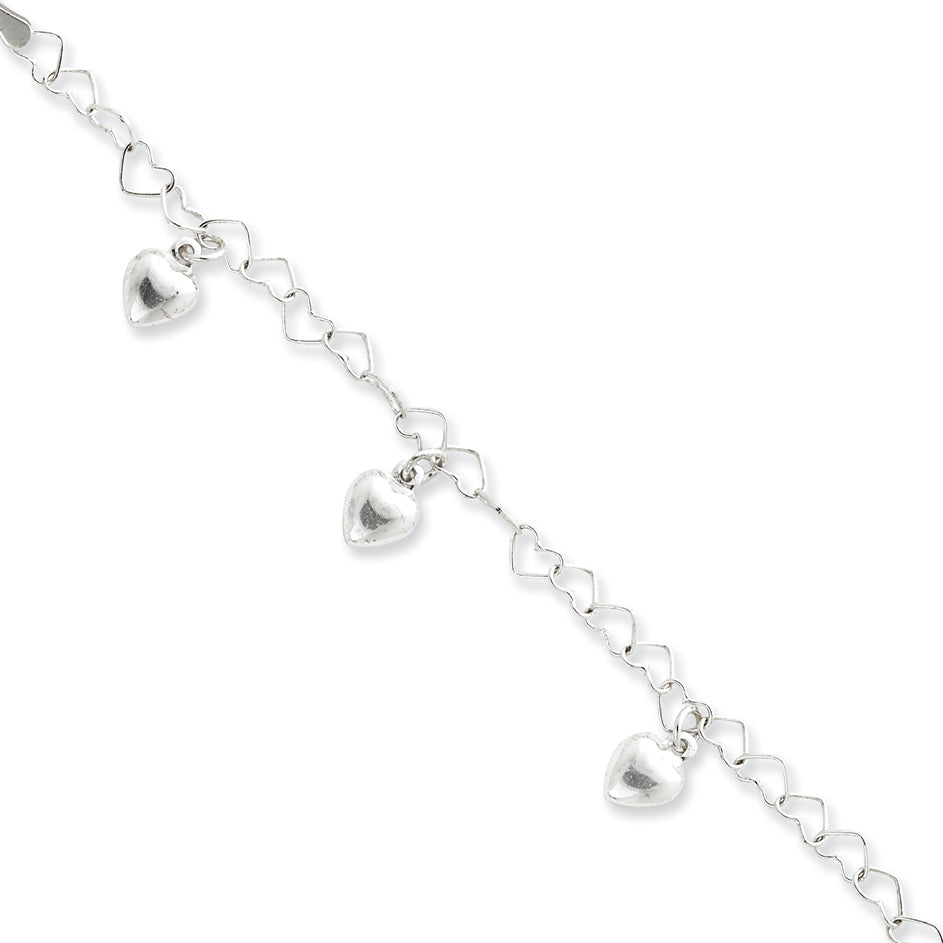 Sterling Silver Dangling Heart Bracelet 6 Inches