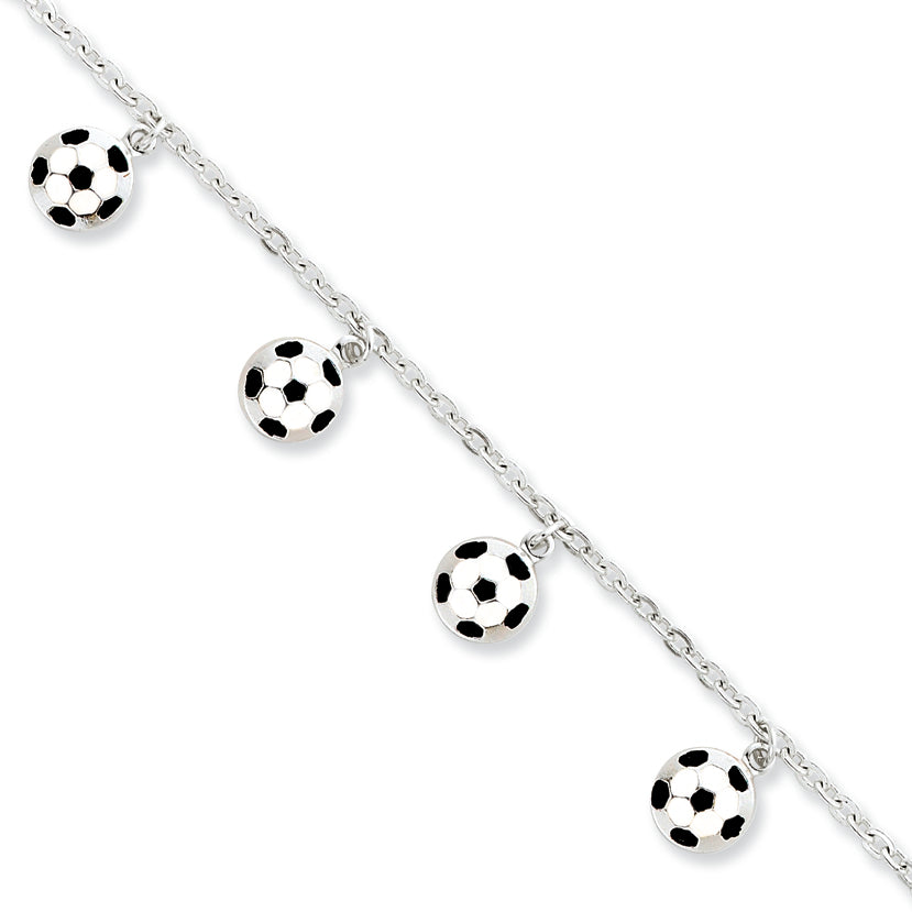 Sterling Silver Enameled Soccer Ball Bracelet 6 Inches