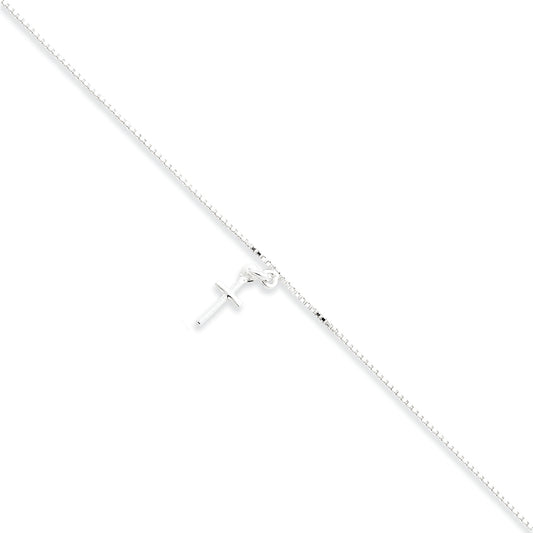 Sterling Silver 10inch Solid Polished Cross on Box Chain Anklet 10 Inches