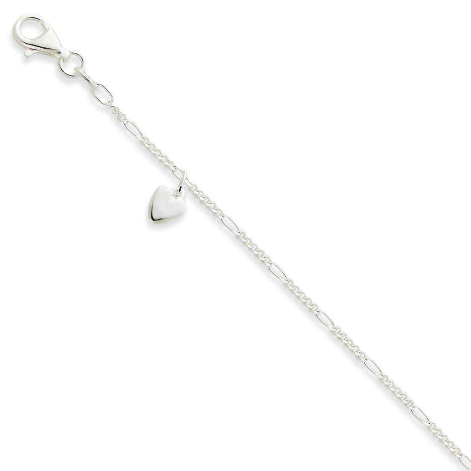 Sterling Silver 10inch Polished Dangling Hearts on Figaro Anklet 10 Inches