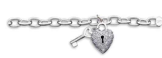 Sterling Silver CZ Heart & Key Open Link Bracelet 7.5 Inches