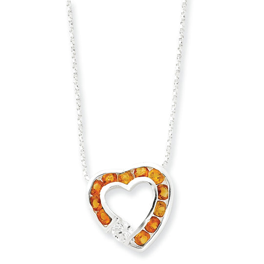 Sterling Silver Citrine & CZ Heart Slide on 18 Chain Necklace