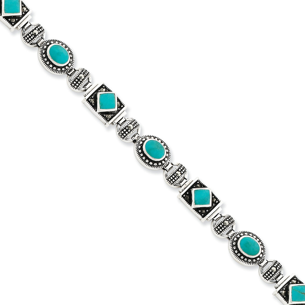 Sterling Silver Turquoise and Marcasite Bracelet 7 Inches