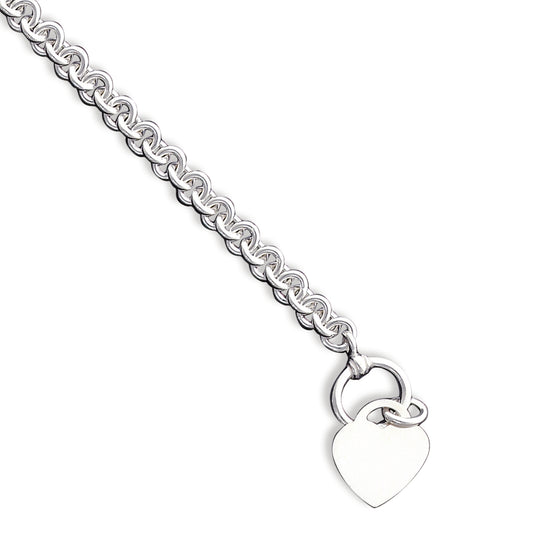Sterling Silver Engraveable Heart Disc on Fancy Link Charm Bracelet 7.75 Inches