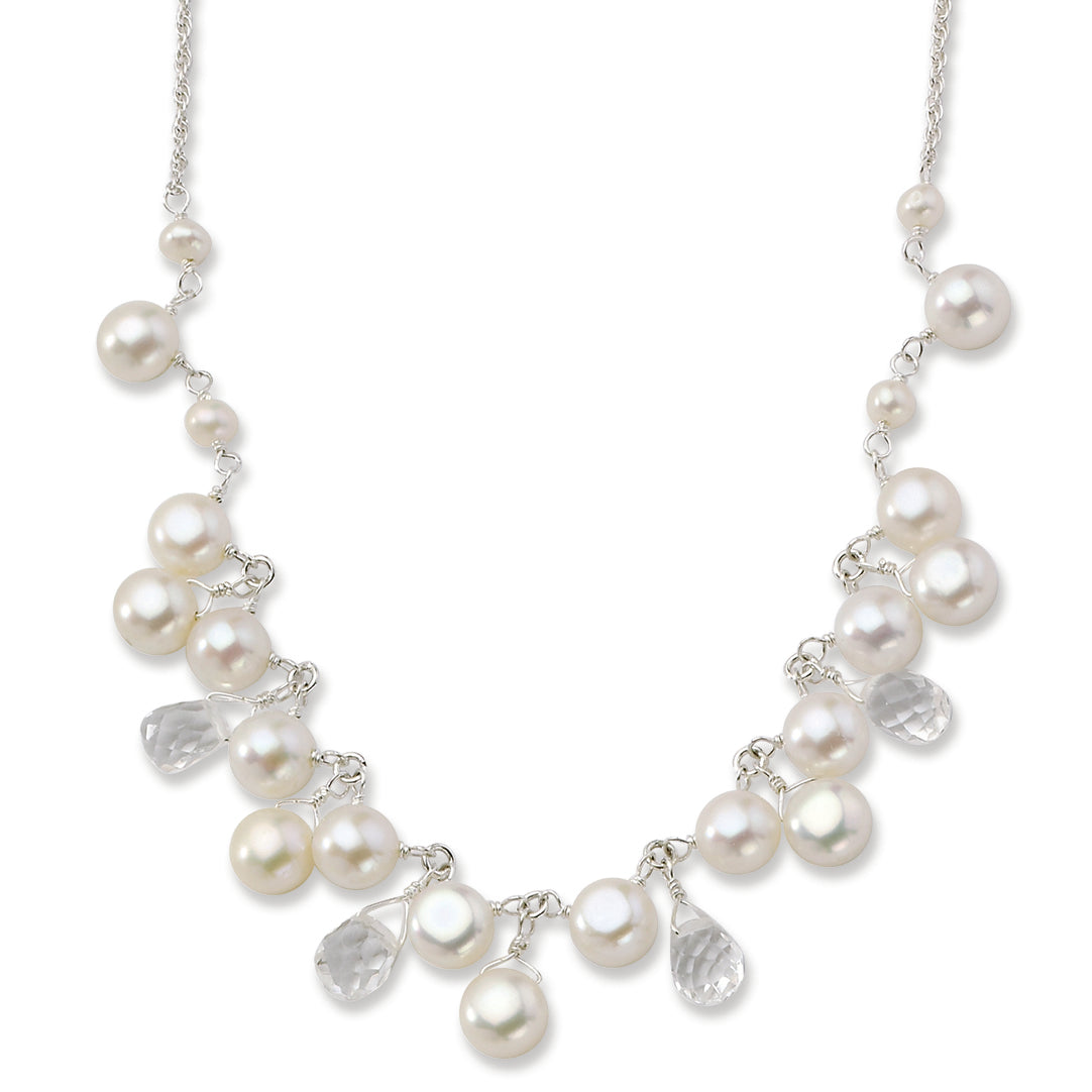 Sterling Silver Freshwater Cultured Button Pearl/Crystal 16in Necklace
