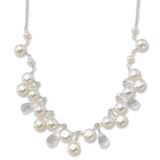 Sterling Silver Freshwater Cultured Button Pearl/Crystal 16in Necklace