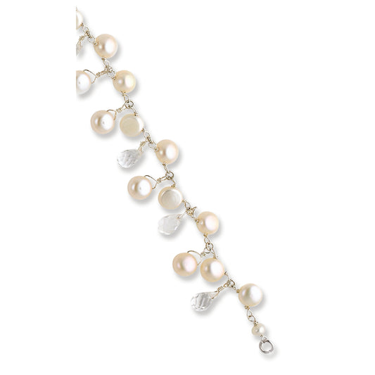 Sterling Silver Freshwater Cultured Button Pearl/Crystal 7in Bracelet