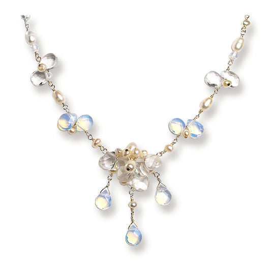 Sterling Silver FW Cultured Pearl/Clear & Opalite Crystral 16in Necklace