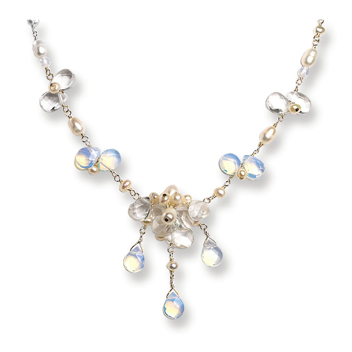 Sterling Silver FW Cultured Pearl/Clear & Opalite Crystral 16in Necklace