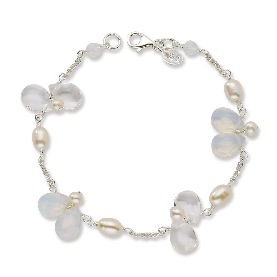 Sterling Silver FW Cultured Pearl/Clear & Opalite Crystral 7.5in Bracelet