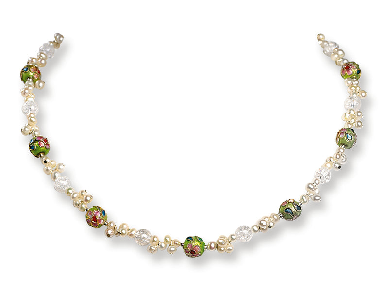 Sterling Silver Cloisonite Bead/Crystal/White FW Cultured Pearl Necklace