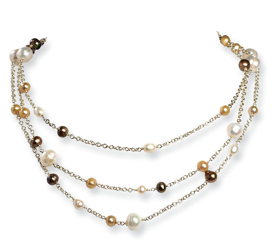 Sterling Silver Cultured White/Golden/Champange Pearl Necklace