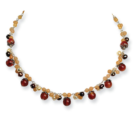 Sterling Silver Freshwater Cultured Pearls/Carnelian/Agate Necklace