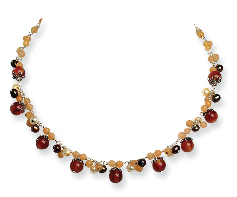 Sterling Silver Freshwater Cultured Pearls/Carnelian/Agate Necklace