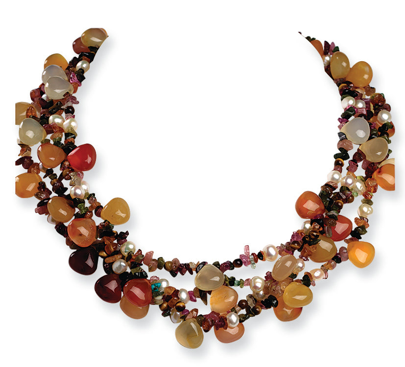 Sterling Silver 4 Strand Cult Pearl/Tourmaline/Tigers Eye/Agate Necklace