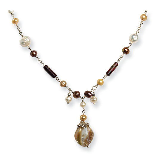 Sterling Silver FW Cultured Pearls/Jasper/Rutilated Quartz Necklace