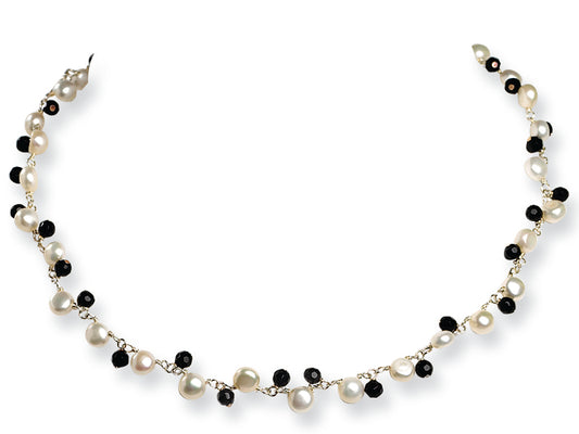Sterling Silver Freshwater Cultured Button Pearl/Black Crystal Necklace