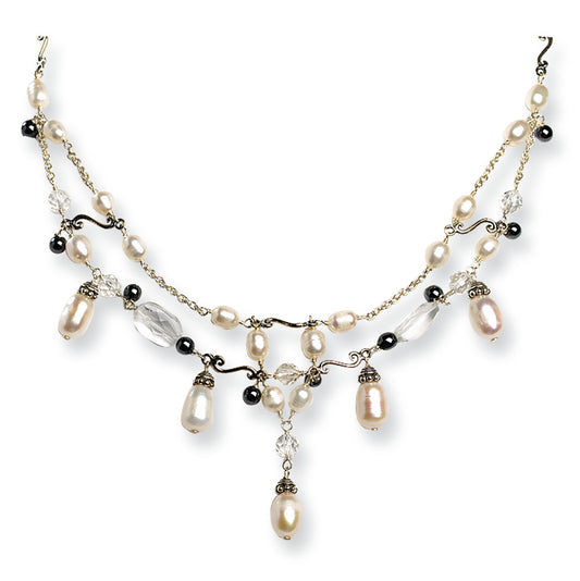 Sterling Silver Cultured Pearl/Clear Quartz/Hematite Antiqued Necklace