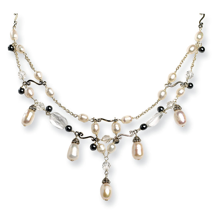 Sterling Silver Cultured Pearl/Clear Quartz/Hematite Antiqued Necklace