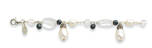 Sterling Silver Freshwater Cultured Pearl/Clear Quartz/Hematite Bracelet