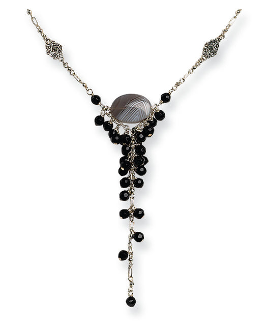 Sterling Silver Lace Agate & Black Crystal Necklace