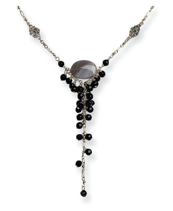 Sterling Silver Lace Agate & Black Crystal Necklace
