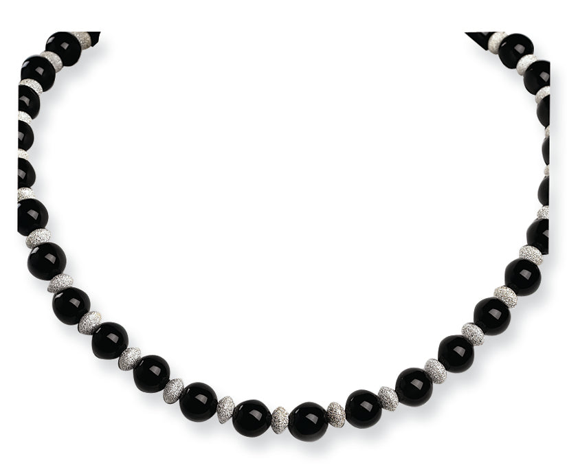 Sterling Silver 4.5x7mm Laser-cut Rondelles & 10mm Onyx Bead Necklace