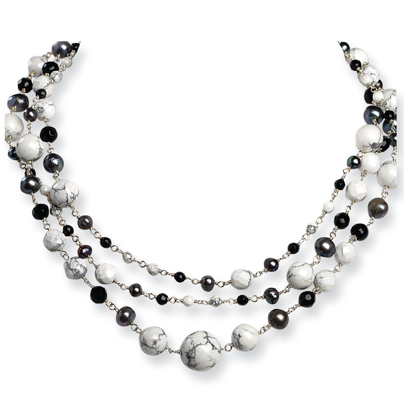 Sterling Silver Jet Crystal/Howlite/FW Cultured Peacock Pearl Necklace