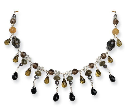 Sterling Silver Crystals/Goldstone/Freshwater Cultured Pearl Necklace
