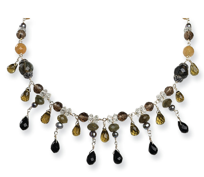 Sterling Silver Crystals/Goldstone/Freshwater Cultured Pearl Necklace