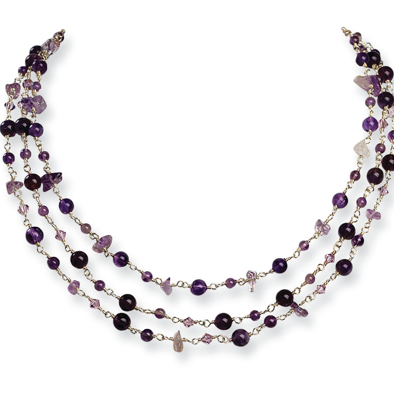 Sterling Silver 3 Strand Amethyst/Lilac Crystal Necklace