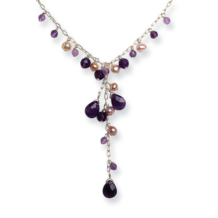 Sterling Silver Amethyst/Pink Cultured Pearl Dangle Necklace