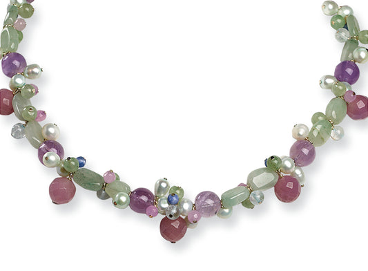 Sterling Silver Lav.Agate/GrnJade/FWCultured Pearl/Labradorite Necklace