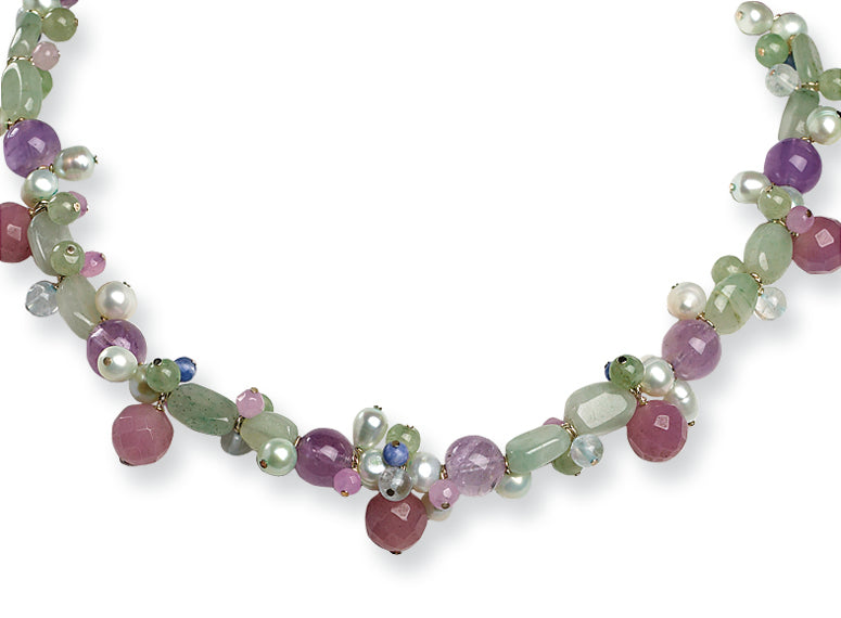 Sterling Silver Lav.Agate/GrnJade/FWCultured Pearl/Labradorite Necklace