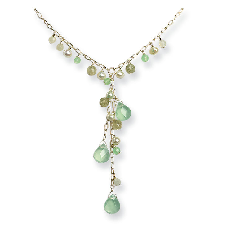 Sterling Silver Aventurine/Rutilated Quartz/Cultured Pearl Necklace