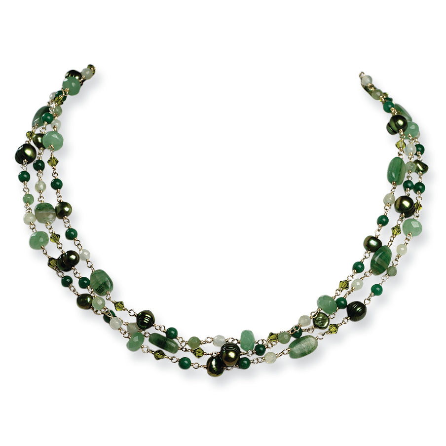 Sterling Silver Aventurine/Jade/FW Cultured Pearl/Grn Crystal Necklace