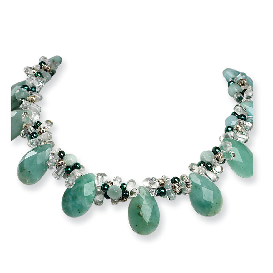 Sterling Silver Amazonite/Clear Quartz/FW Cult Green Pearl Necklace