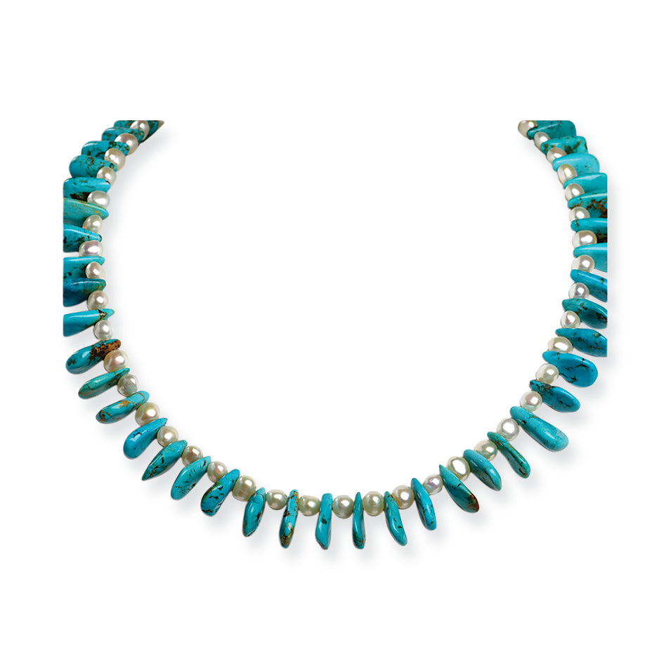 Sterling Silver 5-6mm Freshwater Cultured Pearl & Turquoise Necklace
