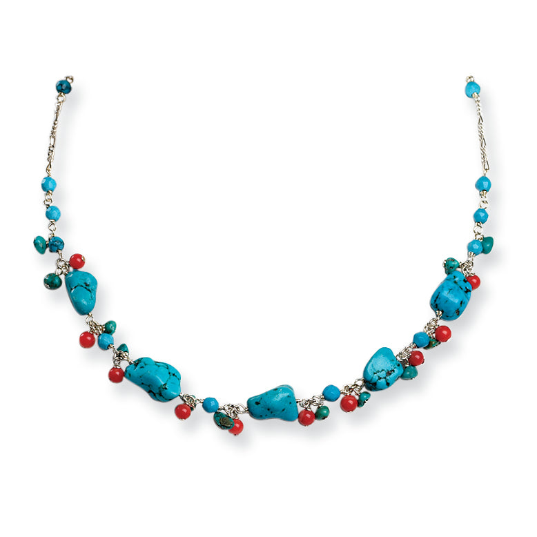 Sterling Silver Dyed Howlite/Turquoise/Red Coral Necklace